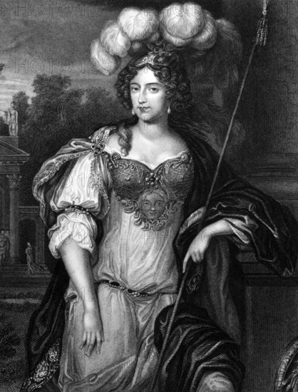 Frances Stewart, Duchess of Richmond (1647-1702) on engraving from 1830. Prominent member of the Court of the Restoration. Engraved by H.T.Ryall and published in Portraits of Illustrious Personages of Great Britain, UK, 1830