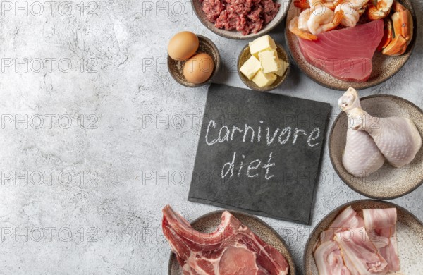 Food, Selection food for CARNIVORE DIET. Seafood, Meat, megs and fat. Zero carbs diet concept