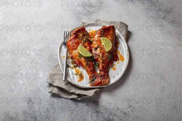 Food, Food, Baked red sea bass on kraft white plate, concrete background