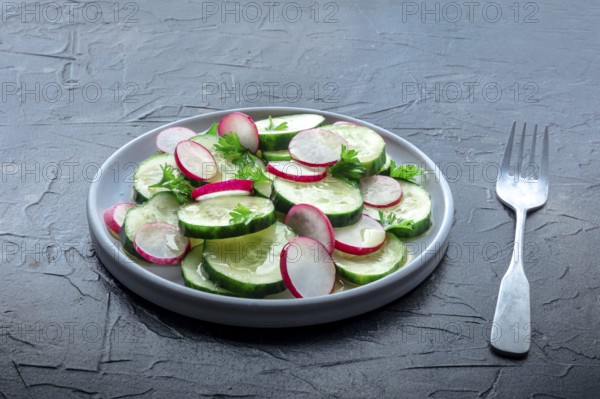 Fresh cucumber and radish salad with parsley, with a fork. Simple vegan recipe on a stone background. Healthy diet, Food photography, Food photography