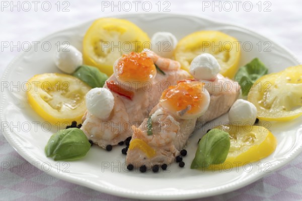 Porched salmon with yellow brandywine tomatoes