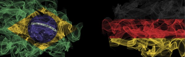 Flags of Brazil and Germany on Black background, Brazil vs Germany Smoke Flags