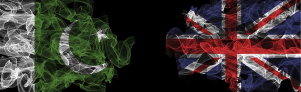 Flags of Pakistan and United Kingdom on Black background, Pakistan vs United Kingdom Smoke Flags