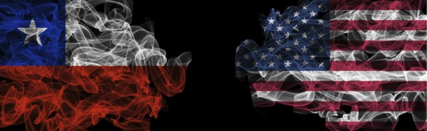 Flags of Chile and USA on Black background, Chile vs USA Smoke Flags