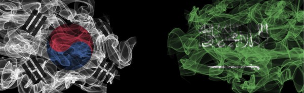 Flags of South Korea and Saudi Arabia on Black background, South Korea vs Saudi Arabia Smoke Flags