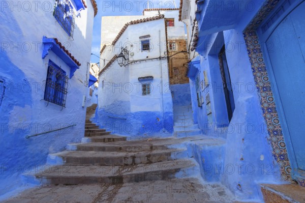 Traditional old blue street inside Medina of Chefchaouen, Morocco