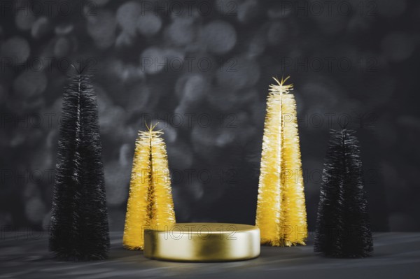 Podium pedestal product mockup display with miniature Christmas trees in black and gold, 3d illustration