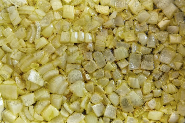 Poached onion closeup texture fried in a pan