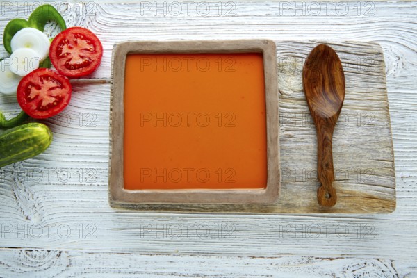 Gazpacho andaluz is a fresh tomato soup and vegetables of Andalusian Spain