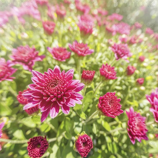 Flowering Pink Chrysanthemum in Autumn Garden, Background with Blossoming Chrysanthemum