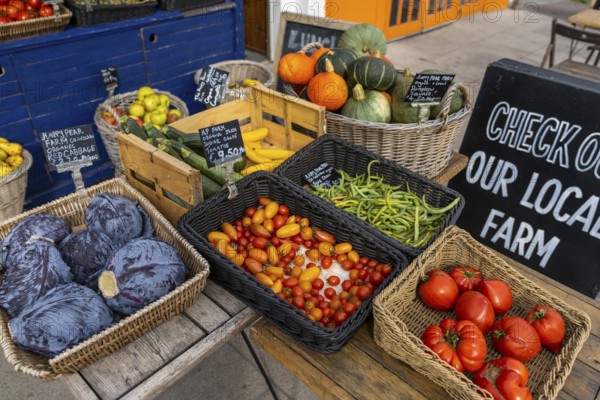 Greystones, Ireland, 18 August, 2022: close-up view of a fruit and vegetable display in a whole foods and organic store in Greystones