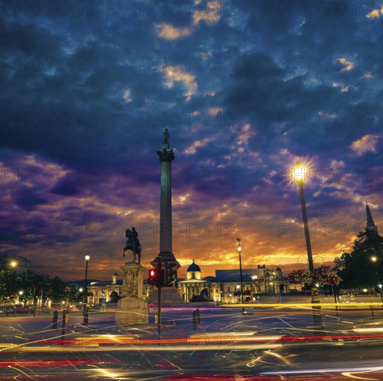 London Trafalgar Square sunset Nelson column in England
