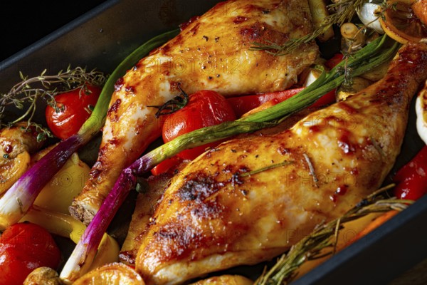 Roasted chicken legs with various vegetables