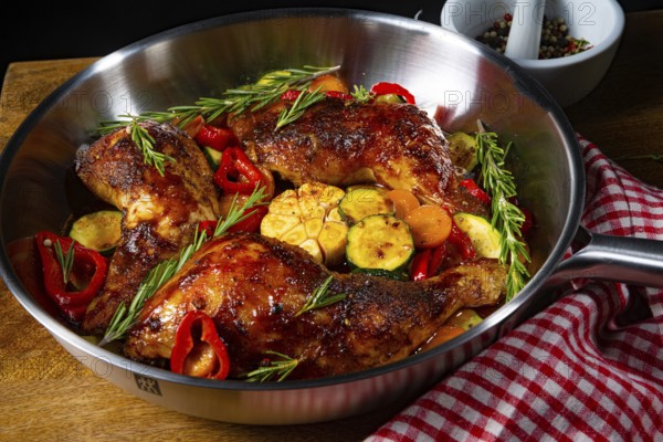 Roasted chicken legs with various vegetables and spices