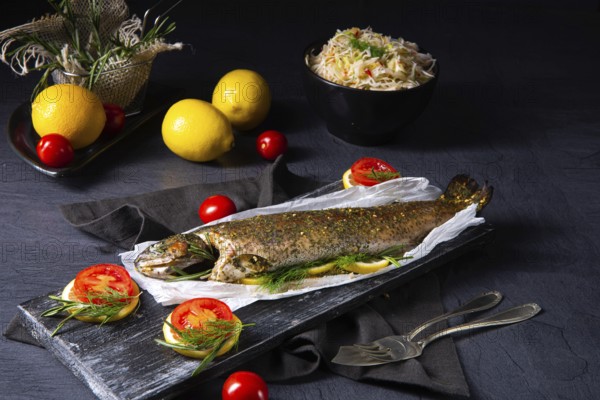 Baked trout with herb filling and tomatoes