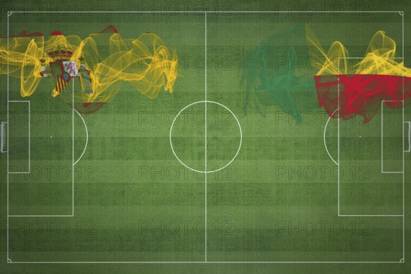 Spain vs Benin Soccer Match, national colors, national flags, soccer field, football game, Competition concept, Copy space
