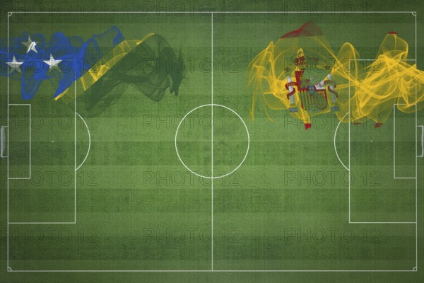 Solomon Islands vs Spain Soccer Match, national colors, national flags, soccer field, football game, Competition concept, Copy space