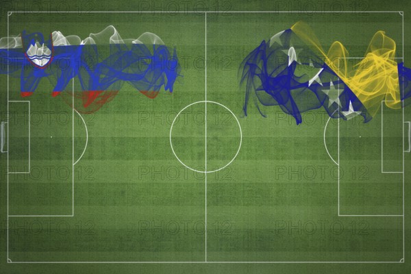 Slovenia vs Bosnia and Herzegovina Soccer Match, national colors, national flags, soccer field, football game, Competition concept, Copy space