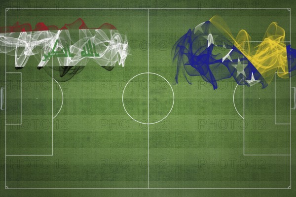 Iraq vs Bosnia and Herzegovina Soccer Match, national colors, national flags, soccer field, football game, Competition concept, Copy space