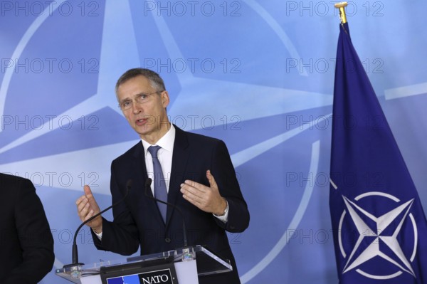 Brussels, Belgium - January 31, 2017: NATO Secretary General Jens Stoltenberg speaks to the media after meeting Bulgarian president at NATO headquarters in Brussels