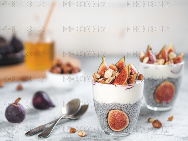 Healthy chia pudding with yogurt, figs and nuts in glass. Ideas and recipes for healthy breakfast, snack or dessert. Two glass with chia seeds pudding with copy space for text