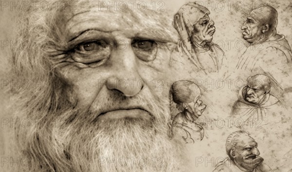Leonardo da Vinci, 1452 - 1519, Italian painter, sculptor, architect and engineer, his painting Five caricature heads, digitally edited