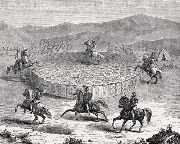 A Roman testudo or tortoise formation, shield wall formation used by the Roman Legions