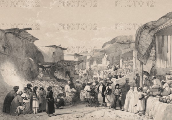 Afghans in a marketplace buying and selling fruit, Main street in the bazaar at Kabul, Afghanistan, First Anglo-Afghan War, sketch by James Atkinson, 1840