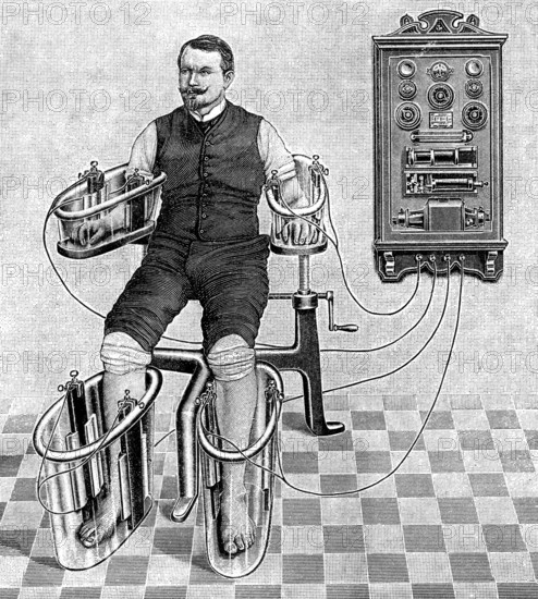 An illustration of a patient being treated with a four cell Schnee Bath, an early electric medical equipment for treating rheumatism