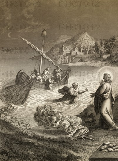 The miraculous catch of 153 fish, Resurrection of Jesus, New Testament, steel engraving 1853, digitally restored
