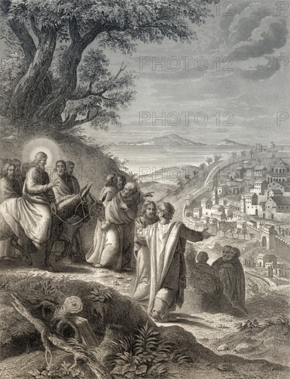 Jesus riding a donkey to Jerusalem, New Testament, steel engraving 1853, digitally restored