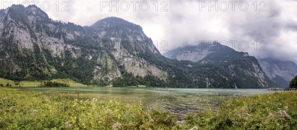 Scenic panoramic view of Konigssee in Bavaria a misty day. Germany