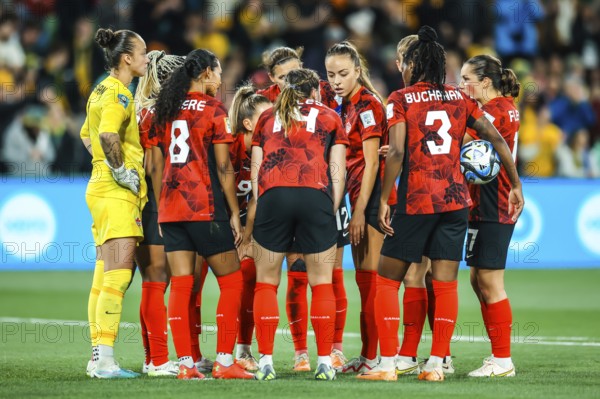 MELBOURNE, AUSTRALIA, JULY 31: Canada team discuss after conceding a goal against Australia at the FIFA Women's World Cup Australia & New Zealand 2023 at Melbourne Rectangular Stadium on July 31, 2023