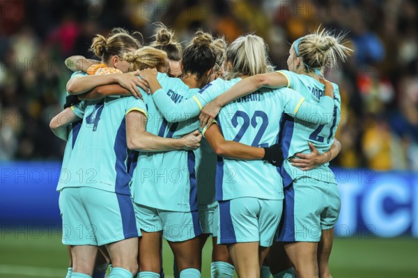 MELBOURNE, AUSTRALIA, JULY 31: Australia players celebrate beating Canada at the FIFA Women's World Cup Australia New Zealand 2023 at Melbourne Rectangular Stadium on July 31, 2023