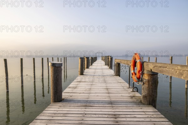 A jetty leads into a foggy lake, a lifebuoy hangs from a wooden railing, harbour, Allensbach, Baden-Württemberg, Germany