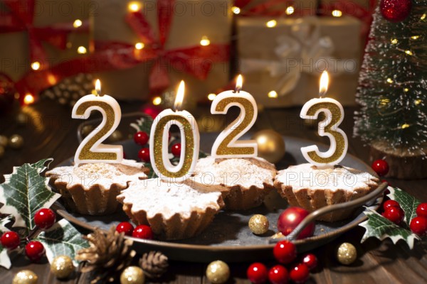 Food tray with cupcakes new year candles and christmas decorations