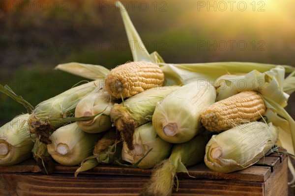 Just picked sweet corn cobs on wood plank crate closeup view