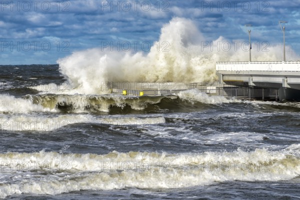 Large braking waves during a storm in Kolobrzeg on the Polish Baltic coast