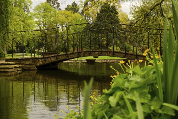 Romantic scene with bridge over a river in a green park, surrounded by plants and flowers, pedestrian bridge 30173 Hannover, Germany