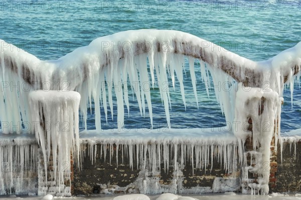 Icy Arch with Icicles on a Background of the Sea Varna, Bulgaria