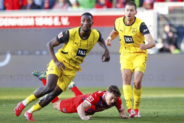 Germany: Soccer 1st Bundesliga, Matchday 20 - 1. FC Heidenheim vs. Borussia Dortmund - Voith-Arena Heidenheim: Luca KERBER 1. FC Heidenheim centre comes down between Serhou GUIRASSY Borussia Dortmund left and Waldemar ANTON Borussia Dortmund right