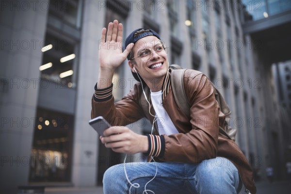 Man Sitting Listening Music Earphones Concept. Cheerful young guy listening the music