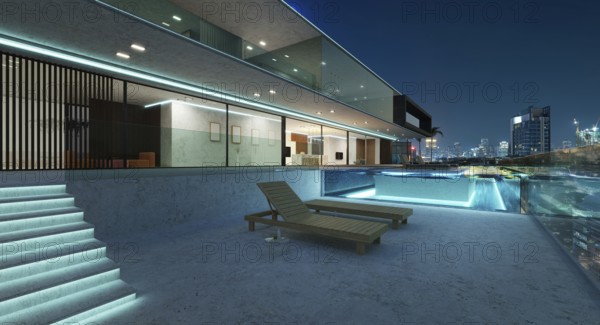 Luxury villa exterior design with beautiful night cityscape at the infinity pool. 3d rendering