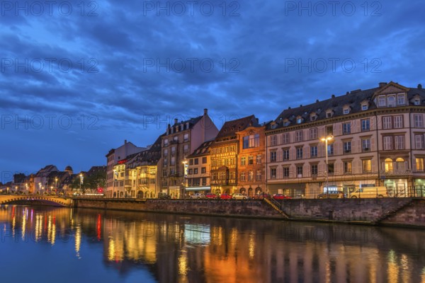 Strasbourg France, colorful Half Timber House night city skyline and Ill river