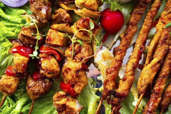 Grilled szaszlyk and meatballs with green salad