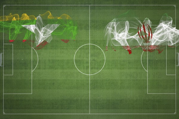 Myanmar vs Iran Soccer Match, national colors, national flags, soccer field, football game, Competition concept, Copy space