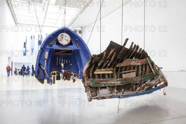 Remains of wooden boats from Lesbos Greece, sound instruments, the sound installation Fluchtzieleuropahavarieschallkörper by visual artist Guillermo Galindo, documenta hall, documenta 14 exhibition, 2017, Kassel, Germany