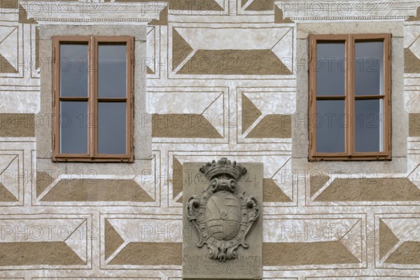 Bischofteinitz Castle - Horšovský Týn, Czech Republic, September, façade details with mullioned windows and coat of arms