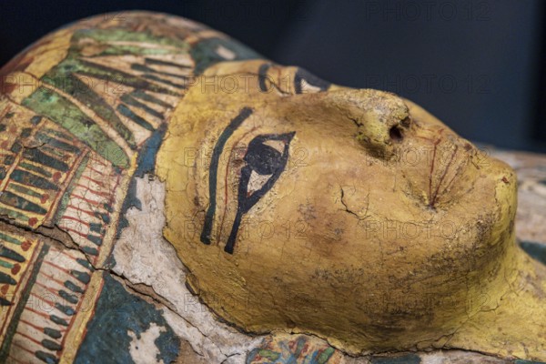 Anthropomorphic mummy coffin, painting detail, Gregorian Egyptian Museumn Musei Vaticani, State of the Vatican City, Roma, Lazio, Italia