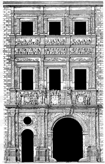 Historical architectural illustration from the 19th Century, 1873, facade in the Renaissance style, The Piast Dynasty Castle, detail of the facade, Brzeg or Brieg, a town in Silesia, Poland, Europe, Historische Architektur-Zeichnung aus dem 19. Jahrhundert, 1873, Hausfassade im Stil der Renaissance, Schloss der Piasten, Detail der Fassade, Brzeg oder Brieg, eine Stadt in Schlesien, Polen